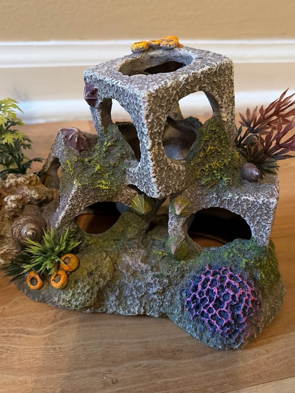Aquarium Stone Cave Ornament with Green Moss and Purple tree